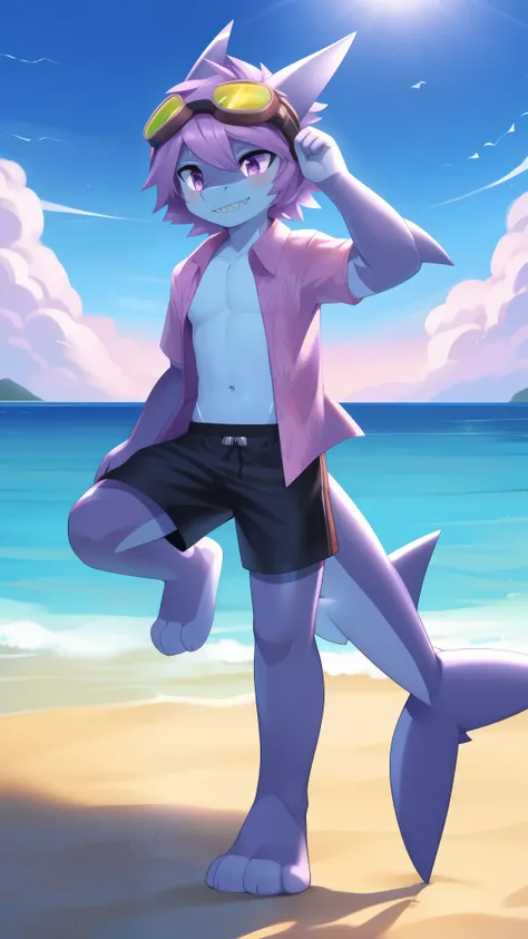 Best quality, super detailed illustration, warm colors, Ideal lighting, Perfect detail, (shark boy:1.4),disheveled thick hair, ((lilac hawaiian shirt, open clothes, black swim trunks, goggles)), tricky glance, beach, clear sky, perfect body, detailed face,...