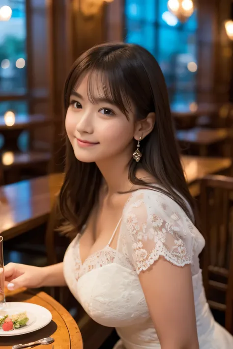 (8K, RAW photo, best quality, masterpiece:1.2), A high-definition RAW color photo of a solo cute girl taken during a romantic night at a meticulously detailed cafe. The windows reflect a breathtaking, intricately textured sky, and she is seated at a pristi...