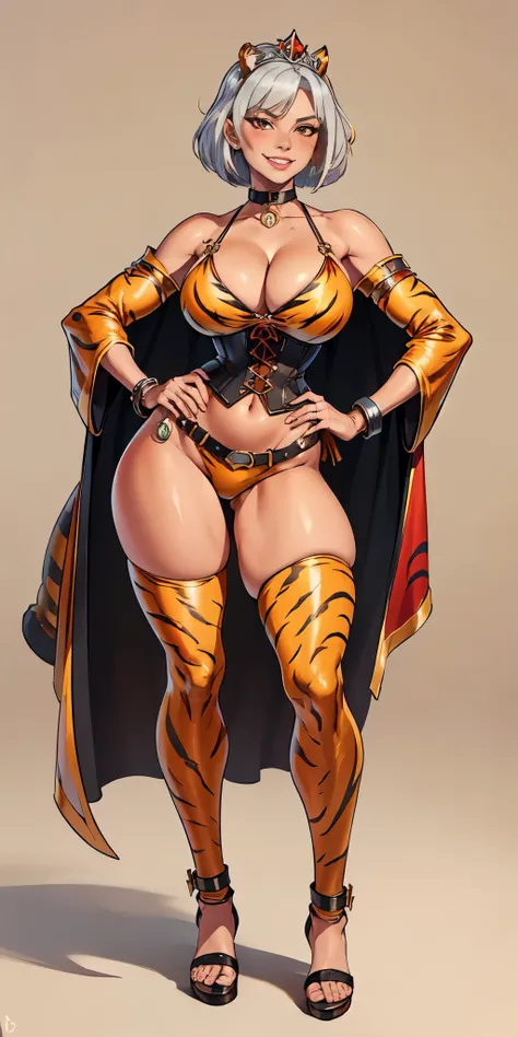 ((Masterpiece plain background,1:2, masterpiece)) full body MILF BIMBO standing with two long yellow tiger print stockings thighs and two high heels, red eyes, silver white hair, short bob style hair, big breasts, cleavage, separate sleeves yellow tiger pr...