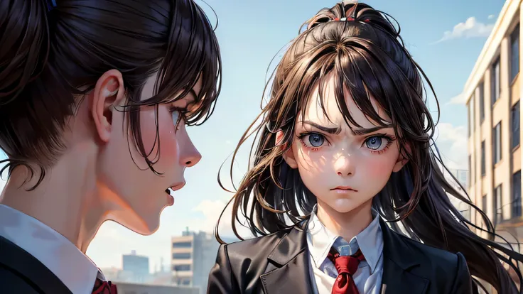 (oil, masterpiece, highest quality, Super detailed, Focus on the characters), One female,Brown Hair,Ponytail Hair,Angry expression,blazer,Detailed hair depiction,([return:0.8]|[ face facing returnwards:1.1]), ,([School building scenario:1.2]|[ ground:1.3]|...