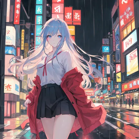 ((8k,masterpiece, best quality, highres)) ultra-detailed, Create a realistic illustration of a beautiful anime-style girl with long hair walking through the rainy neon streets of Tokyo. The girl should have realistic eyes, a perfect face, and a perfect bod...