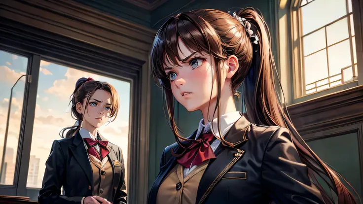 (oil, masterpiece, highest quality, Super detailed, Focus on the characters), One female,Brown Hair,Ponytail Hair,Angry expression,blazer,Detailed hair depiction,([return:0.8]|[ face facing returnwards:1.1]), ,([School building scenario:1.2]|[ ground:1.3]|...