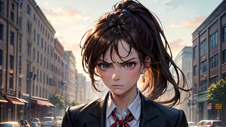 (oil, masterpiece, highest quality, Super detailed, Focus on the characters), One female,Brown Hair,Ponytail Hair,Angry expression,blazer,Detailed hair depiction,([return:0.8]|[ face facing returnwards:1.1]), ,([School building scenario:1.2]|[ ground:1.3]|...