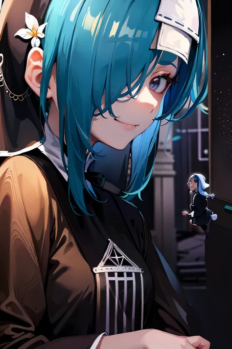 masterpiece, nun, proper clothing, lady, smile, cute, topaz blue hair: 1.2, background room art