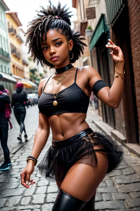 bellissima,1 girl dancing, joia, seios, ((dancing1.4)), Dancing in the street, salto alto, pele escura, pulseira, umbigo, brincos, foco apenas, tornozeleira, dark skinned female, barriga, blurry background, Cabelo longo, colar, blurry, decote, cabelo preto...