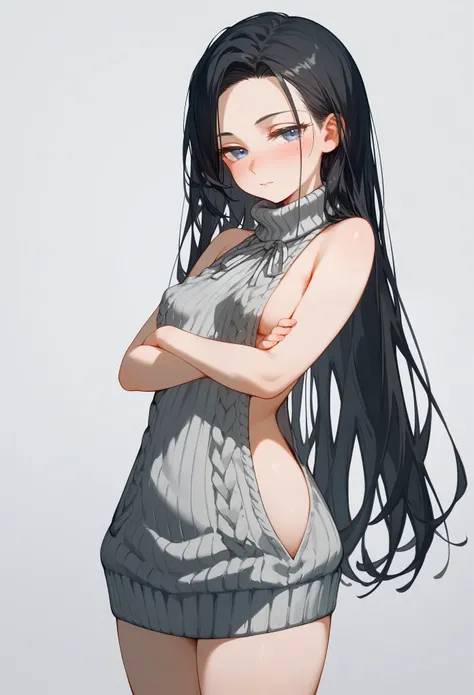 score_9, score_8_up, score_7_up, 1girl, woman, long hair, black hair, parted bangs, dark blue eyes, small breasts, innexpressive, sleeveless sweater, virgin killer sweater, blushing, narrowed eyes, closed mouth, standing, crossed arms, side view, thighs, u...