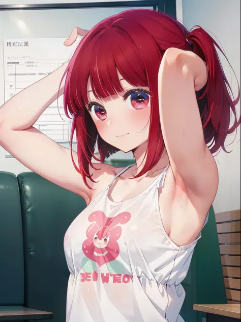 Arima Kana、Good looking girl (Red hair with square bangs、blush, Perfect Face), independent , Looking at the camera, masterpiece, Anime art style, Cute Characters, Most detailed, high quality、Nico Nico Smile、Wear cute clothes、Showing armpits