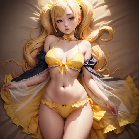 Blonde、Beautiful young woman、Twin tails、Yellow ribbon hair accessory、Magical girl、Sheer clothing、Attractive clothes、Exposed skin、Transparent panties、Thong、Butt、belly button、side