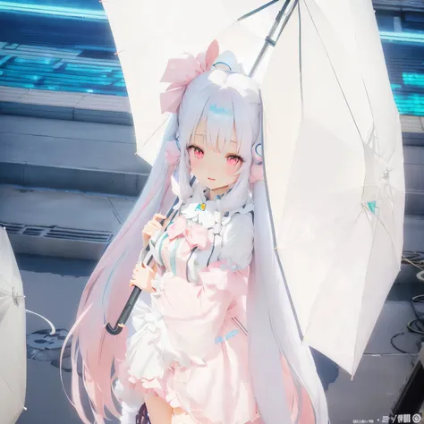 Long-haired anime girl holding an umbrella and a white umbrella, April Rendering, Gweitz, melted, , shikamimi, 8k!!, inspired by Miwa Komatsu, Pink pigtails and cyan eyes, Anime-style 3D, artwork in the style of Gweitz, Cute 3D anime girl render