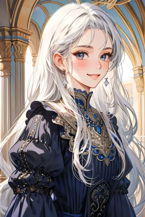 (extreamly delicate and beautiful:1.2), 8K,(masterpiece:1.0),(best_quality:1.0), 1 girl, and intricate detailing, Enlarged textures, and intricate detailing, finely eye and detailed face, and intricate detailing, platinum white long hair, (smirk mouths), P...