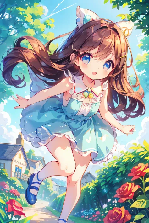 This girl、Neat hair accessories、Cute surreal body good、Coffee-colored hair、(Delicate eyes、Eyes are like gems、Bright Eyes:1.3)、Open mouth smile、Blue sky、Cute shoes、garden、Sunlight shines through the leaves、Smell the roses