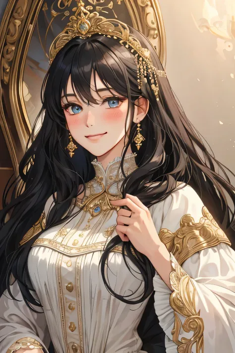 (extreamly delicate and beautiful:1.2), 8K,(masterpiece:1.0),(best_quality:1.0), 1 girl, and intricate detailing, Enlarged textures, and intricate detailing, finely eye and detailed face, and intricate detailing, black-white long hair curl, (smirk mouths),...