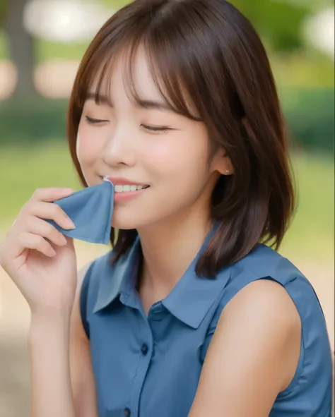highest quality, Realistic, 8k, High resolution, Full Color, One girl, woman, 16 years old woman, (Mouth closed:1.73), (Skin dents), (Portraiture:0.6), wood, Park bench, Dawn, ((Park Background:1.52)), Full Color, ((Sleeveless blue shirt:1.58)), View your ...