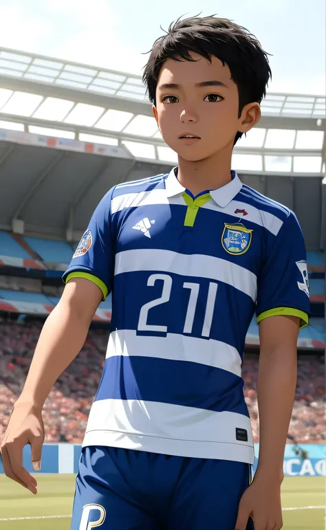 1boy, persib bandung jersey, soccer stadium background, indonesian people, short hair,high quality