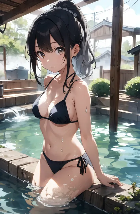 Silver-haired girl drawn in high resolution Japanese anime style、Realistic background blur that looks like it was taken with a high-performance camera.、Please provide high quality illustrations........。Beautiful woman soaking in a hot spring with a relaxed...