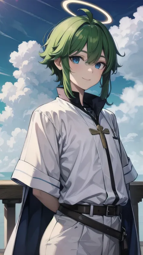 (masterpiece), ((sfw)), best quality, expressive eyes, perfect face, mature male, (1boy, adult Man), young adult, young man, solo, Green hair BREAK ahoge, blue eyes BREAK angel, priest, background sky, clouds, cloudy sky, day, outdoors, white outfit BREAK ...