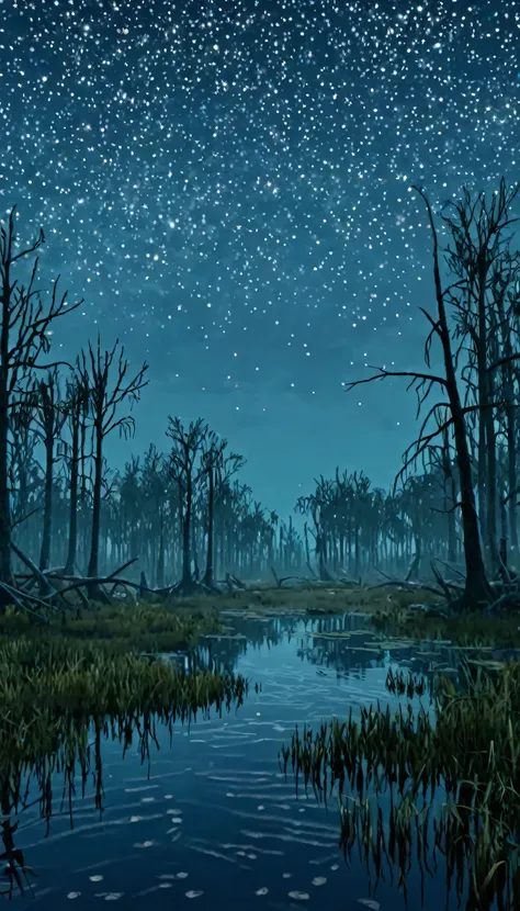 videogame screenshot of a swamp area, starry night, , videogame screenshot