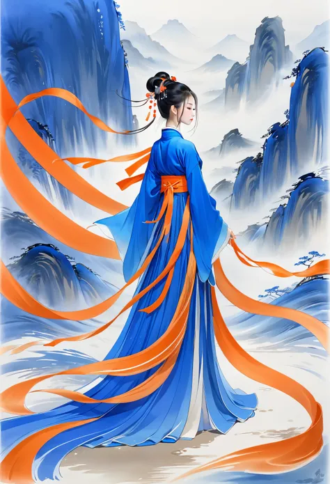 1 girl，hanfu，flowing ribbons，blue and orange，minimalism，freehand，the long road，smooth lines