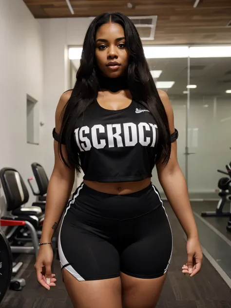 Mixed black ethnicity, curvy girl , long hair , wearing sexy sport outfit