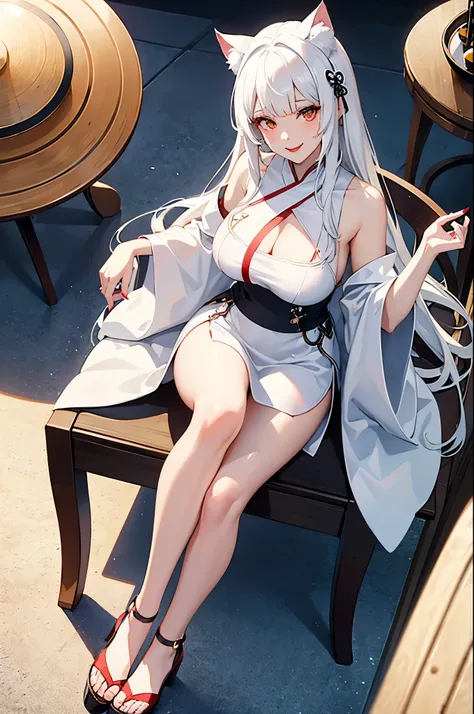 white hair, bangs, blunt bangs, cat hair ornament, mole under eye, cat ears, red lips, doyagao, smiley, seductive smile, anime style, anime, ray tracing, drop shadow, from outside, perspective, best quality，A beautiful girl sitting on a chair，Holding a fan...