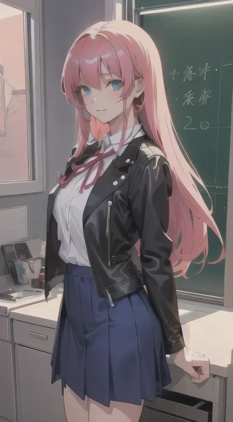 Anime girl in short skirt and leather jacket posing in the room, a hyperrealistic schoolgirl, hyperrealistic schoolgirl, realistic schoolgirl, Attractive anime girl, Lovely , schoolgirl, beautiful anime high schoolgirl, cyber schoolgirl, Realistic anime gi...