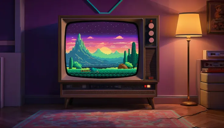 in the dimly lit room, an 8-bit retro style, vintage aesthetic, old-school tv steals the spotlight. the classic television set e...