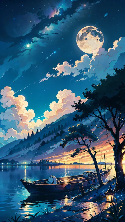 moonriver, boat, moon, night, sky, scenery, solo, watercraft, outdoors, water, blue theme, tree, shirt, night sky, cloud, star (sky), starry sky ,softer color composition ,digital art ,ultra detailing ,HD wallpaper image