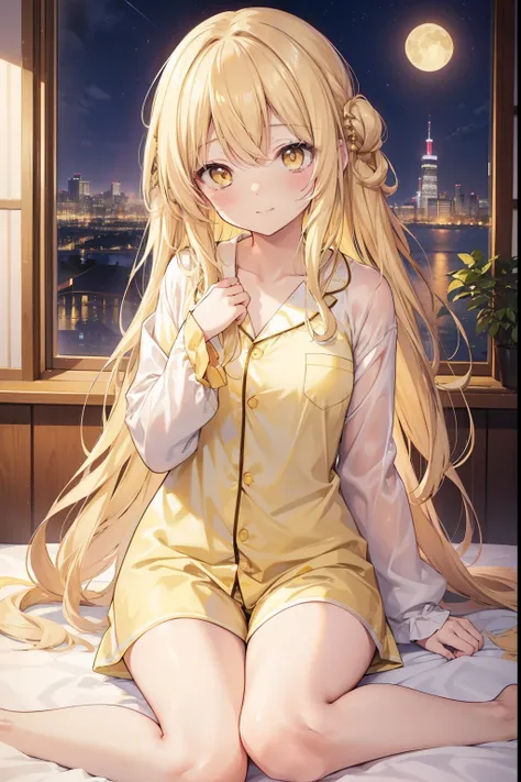 Shiina Mayu, ,blonde, (Yellow Eyes:1.3)、Long Hair,,blush,smile,night、Beautiful views, Attractive thighs、Beautiful bare legs, Wearing sexy pajamas、night、You can see Pantastar&#39;s work..:1.2), highest quality, High resolution, unity 8k wallpaper, (shape:0....