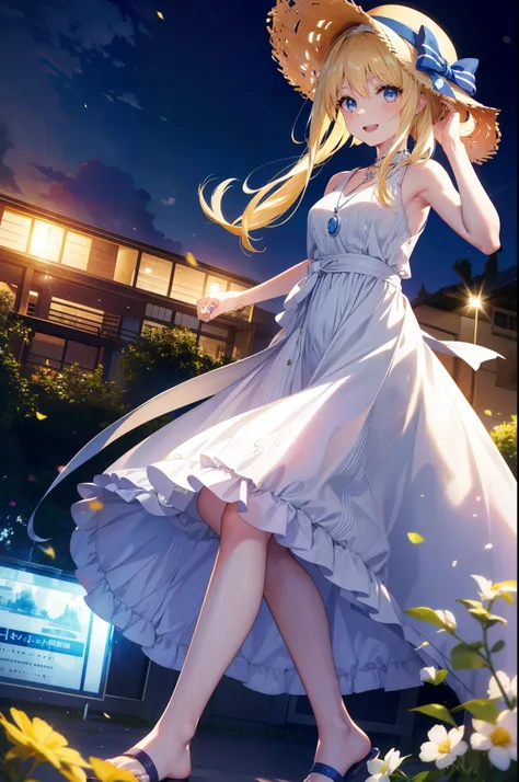 Arisburg, Alice Zuberg, bangs, blue eyes, Blonde, Hair between the eyes, Very long hair, hair band, white hair band,Sleeveless blue dress,Blue long skirt,Bare neck,Locket Necklace,Cute Sandals,Straw hat,happy smile, smile, Open your mouth,Daytime,sunny,Rea...