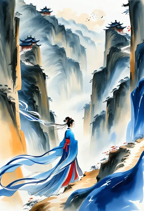 1 girl，standing on the edge of the cliff，hanfu，flowing ribbons，minimalism，freehand，smooth lines，ink and wash background