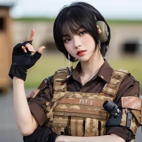 a female soldier, short black hair, wearing brown camouflage army clothing, wearing a bulletproof vest, wearing earphones, weari...