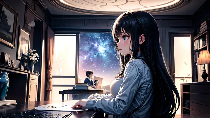 alone, Singular light, woman, face seen from the side, sideways, cosmic, fantsy, looking away:1.4, adult, busty, Ghibli-like design, living room, sitting, dark hair, studying, Completely, landscape orientation, side view, music