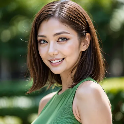 (8k, RAW Photos, highest quality, masterpiece, Realistic, Realistic), (1 female), (Ultimate beauty), Highly detailed face, (Perfect Teeth), Beautiful Eyes, double eyelid, eyelash, smile, Lip details, Brunette Bob, The light shines on your face, Big Breasts...