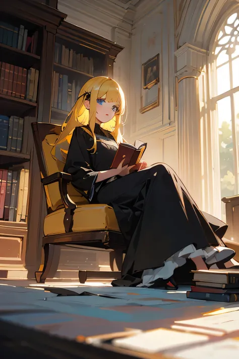 The girl, with blue eyes and yellow hair, and wearing a long black dress, was reading a book in the royal library.