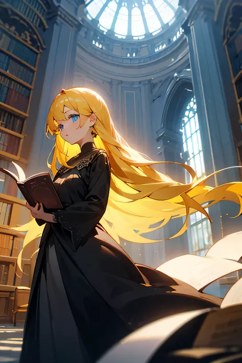 The girl, with blue eyes and yellow hair, and wearing a long black dress, was reading a book in the royal library.