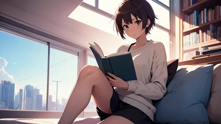 Anime girl in a miniskirt, Reading a book,whole body,Complete two-legged,Complete Hand,Makoto Shinkai&#39;s art style, Shinkai Makoto style, Painted in an anime artist&#39;s studio, By Shinkai Makoto. Digital Rendering, Lo-fi Girl, ( ( By Shinkai Makoto ) ...