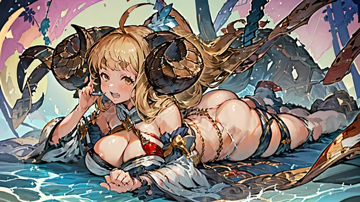 ((highest quality, 8K, masterpiece :1.3)),Ultra detailed face, 1 adult female,Anila,GRANBLUE FANTASY,Voluptuous body,Large Breasts,NSFW,Leg spread,Sexy pose,laughing,low length,Big Ass,Perfect Five Fingers,Perfect body