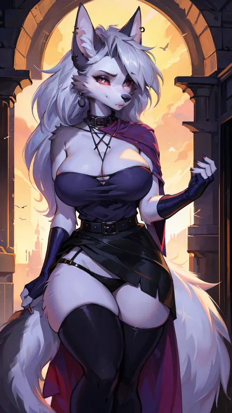 furry_female,wolf_girl,detailed_eyes,silver_hair,long hair,cute_ears,wolf_ears,long skirt,black robe,stockings,leggings,fluffy_furs,wolf_tails,large breasts,earrings,witch,looking at viewer,front,panty & stocking with garterbelt,neck garter,masterpiece, be...