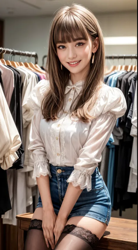 ((((very short))))、earrings、collared shirt、((((blunt bangs)))) ((short bangs))、shorn bangs、(((inside a stylish secondhand clothi...