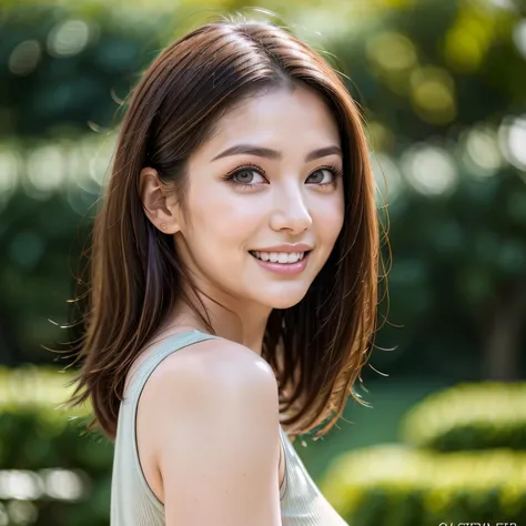 (8k, RAW Photos, highest quality, masterpiece, Realistic, Realistic), (1 female), (Ultimate beauty), Highly detailed face, (Perfect Teeth), Beautiful Eyes, double eyelid, eyelash, smile, Lip details, Brunette Bob, The light shines on your face, Big Breasts...