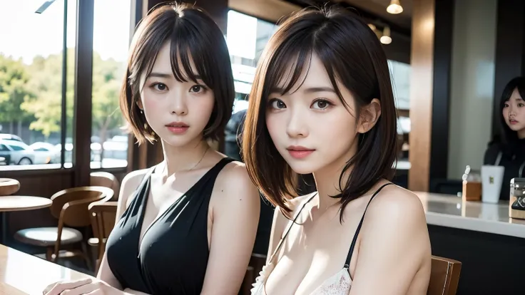 super high quality, Slender, Gravure photoshoot, The staff is working at the counter in the back., (8k、RAW Photos、highest quality、masterpiece:1.2), Serious expression, Stylish café, The cafe is crowded with people enjoying themselves., (Realistic、Photoreal...