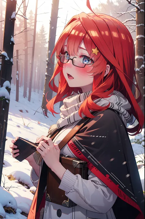 itsukinakano, Itsuki Nakano, bangs, blue eyes, Hair between the eyes, Ahoge, Redhead, star (symbol), hair ornaments, star hair ornaments,smile,blush,White Breath,Akagi glasses,
Open your mouth,snow, A bonfire on the ground, Outdoor, boots, snowing, From th...