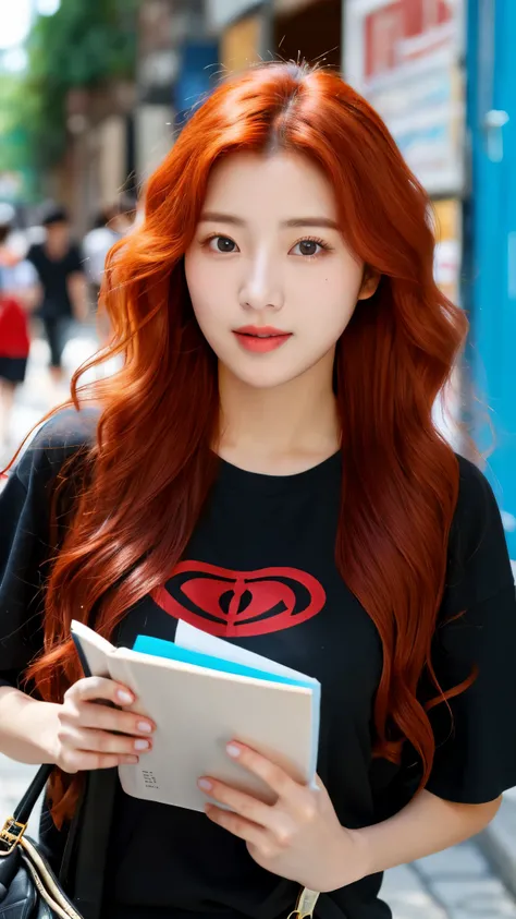 close-up of beautiful korean female, red wavy hair,34 inch breasts size,  black t-shirt, holding book, in the alley ,UHD