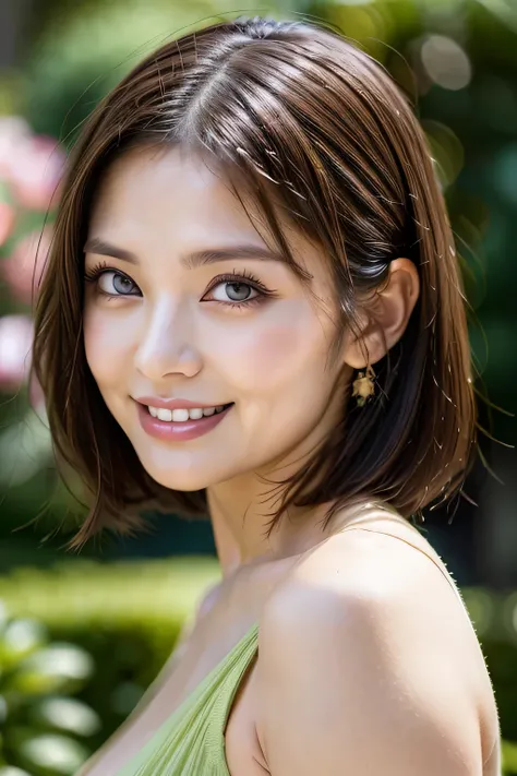 (8k, RAW Photos, highest quality, masterpiece, Realistic, Realistic), (1 female), (Ultimate beauty), Highly detailed face, (Perfect Teeth), Beautiful Eyes, double eyelid, eyelash, smile, Lip details, Brunette Bob, The light shines on your face, ((one piece...