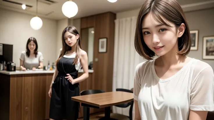 super high quality, Slender, Gravure photoshoot, The staff is working at the counter in the back., (8k、RAW Photos、highest quality、masterpiece:1.2), Stylish café, The cafe is crowded with people enjoying themselves., (Realistic、Photorealistic:1.37), Mesh Ha...