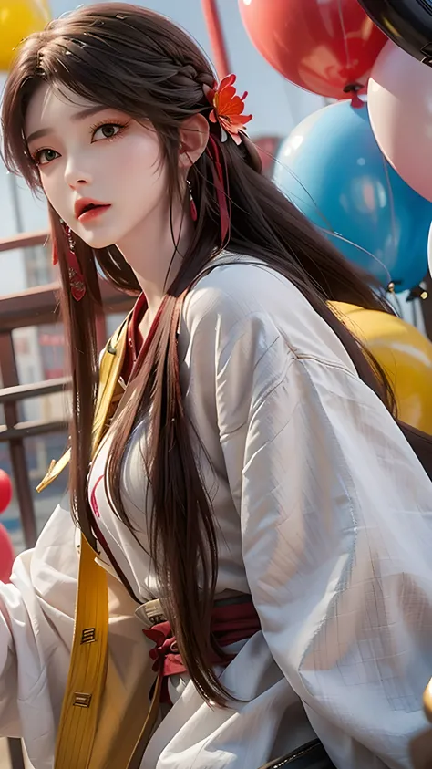 、 Playful、yellow jacket、White sweatshirt、Lots of Colorful balloons、Beautiful perfect face、whole body、Red and blue hair、Black Hair，Very long hair、Brown eyes、Perfect detail for the eye、Delicate face、CG perfeita、High-definition quality、Colorful balloons、Heave...