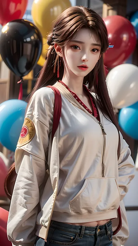 、 Playful、yellow jacket、White sweatshirt、Lots of Colorful balloons、Beautiful perfect face、whole body、Red and blue hair、Black Hair，Very long hair、Brown eyes、Perfect detail for the eye、Delicate face、CG perfeita、High-definition quality、Colorful balloons、Heave...