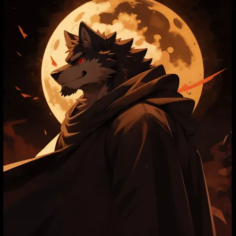 wolf face, Pure black hair, Topless, Black cape, (Perfect red eyes:1.4), Full moon background, Printing style, （artist:Takemoto Arashi）, twitchemote, grin, outside border, high details