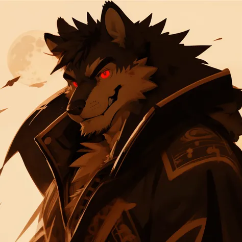 Scribble 狼 face, Pure black hair, Topless, Black cape(Perfect red eyes:1.4), Full moon background, Printing style。（artist:Takemoto Arashi）, grin, outside border, high details