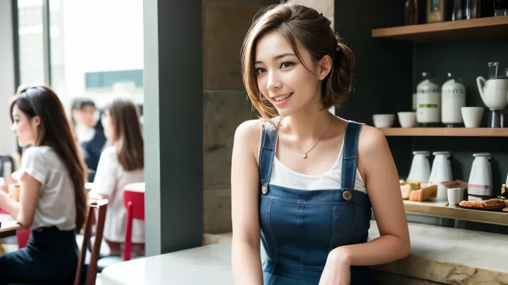 super high quality, Short Hair, Slender, Gravure photoshoot, The staff is working at the counter in the back., (8k、RAW Photos、highest quality、masterpiece:1.2), Japanese Idol, Stylish café, The cafe is crowded with people enjoying themselves., (Realistic、Ph...